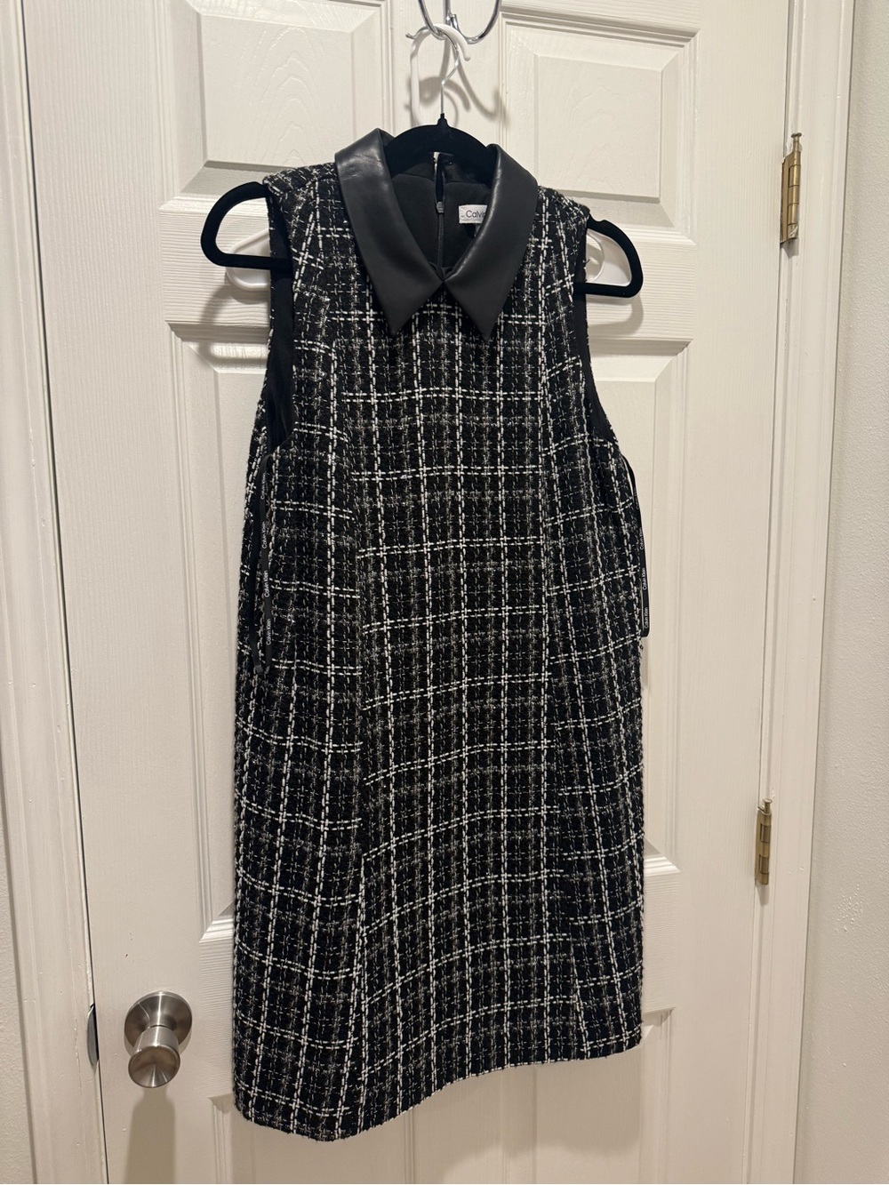 Calvin Klein Black & White Tweed Shift Dress with Leather Collar
